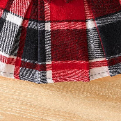 Toddler Baby Girl Plaid Dress Puff Sleeve Bow Patchwork Ribbed Shirts Dress Plaid Fall Winter Outfits with Headband