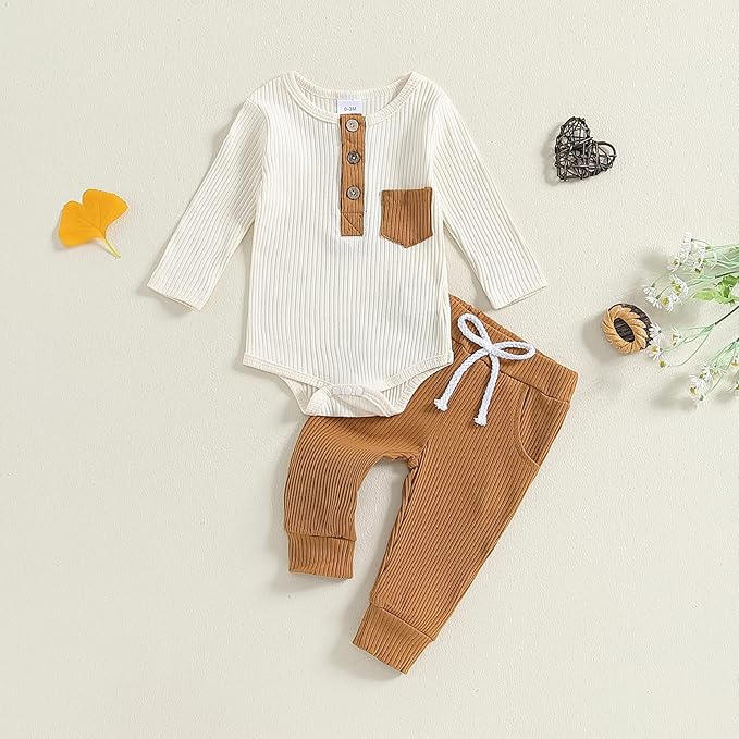 fhutpw Baby Boy Clothes 3 6 12 18 Months Ribbed Knitted Long Sleeve Romper and Pants Sets Newborn Fall Splicing Color Outfits