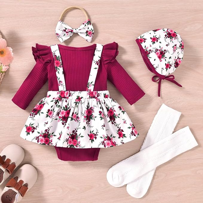 Unutiylo Preemie Newborn Baby Girl Clothes Romper Suspender Dress Fall Winter Outfits Ruffle Long Sleeve Jumpsuit
