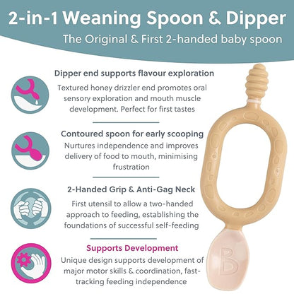 Bibado - Dippit Baby Spoon and Dipper, Fawn (2-Pack) - Soft, Chewable Dipper & Deep Spoon - Two-Hand, Sensory Grip - Toddler Utensils - Baby Led Weaning Supplies - Baby Essentials - 6 Months+