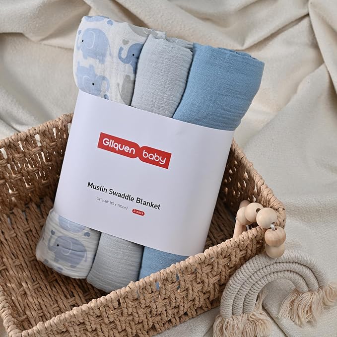 GLLQUEN BABY Muslin Swaddle Blankets,3-Pack Receiving Blanket for Newborn Boys and Girls,Baby Swaddle Blanket Unisex, Elephant,Baby Essentials, Registry & Gift, 40 x 38 inches