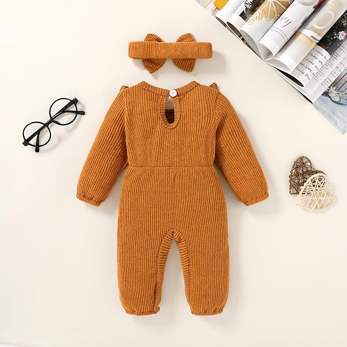 Happy Town Baby Girl Romper Infant Fall Winter Clothes Ruffle Sweater Long Sleeve Bodysuit Jumpsuit and Headband