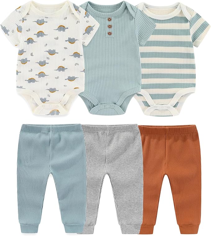 Baby Bodysuit and Pant Set 6-pcs Ribbed Soft Infant Boy Girl Clothes Outfits
