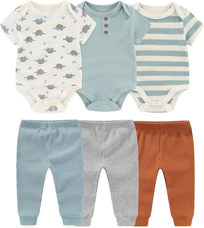 Baby Bodysuit and Pant Set 6-pcs Ribbed Soft Infant Boy Girl Clothes Outfits