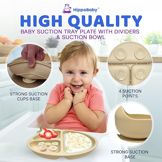 Baby Led Weaning Supplies | 10 Piece Silicone Baby Feeding Set | Baby Toddler Bib Cup Divided Plate and Bowl Self Feeding Spoons Dish Set | Baby Utensils | Toddler Feeding Supplies (Cream)