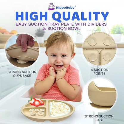 Baby Led Weaning Supplies | 10 Piece Silicone Baby Feeding Set | Baby Toddler Bib Cup Divided Plate and Bowl Self Feeding Spoons Dish Set | Baby Utensils | Toddler Feeding Supplies (Cream)