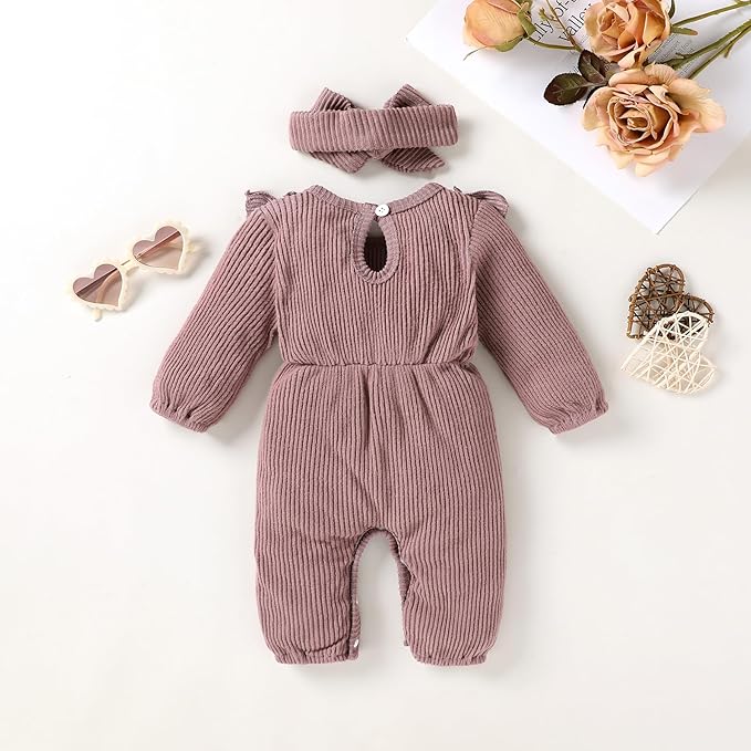 Happy Town Baby Girl Romper Infant Fall Winter Clothes Ruffle Sweater Long Sleeve Bodysuit Jumpsuit and Headband