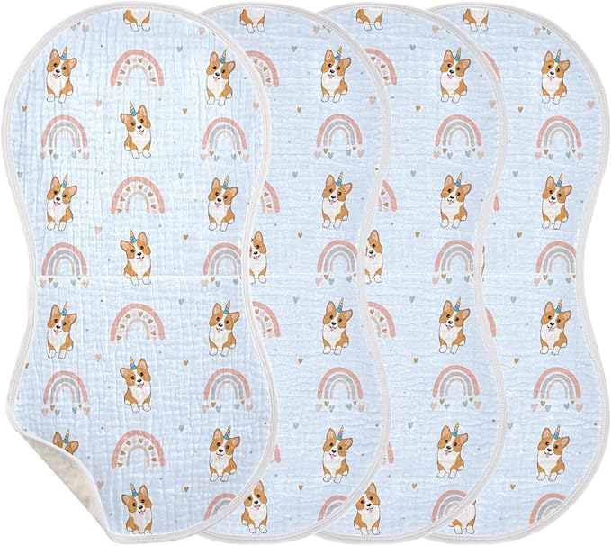 vvfelixl Baby Burp Cloths Corgi Hearts Rainbows Baby Newborn Cotton Burping Cloths Set Baby Washcloths 4 Pack