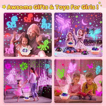 PIKOY Unicorn Room Decor for Girls Bedroom, 96 Lights+6 Films Unicorn Night Light for Girls Room Decor, Princess+Mermaid+Butterfly Lamp, 360° Rotation+Cordless 3-6 Year Old Girl Birthday Gift Ideas