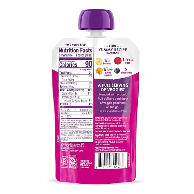 HAPPYTOT Organics Stage 4 Baby Food Pouches, Gluten Free, Vegan Snack, Love My Veggies, Fruit & Veggie Puree, Banana, Beet, Squash & Blueberry, 4.22 Ounce (Pack of 16)