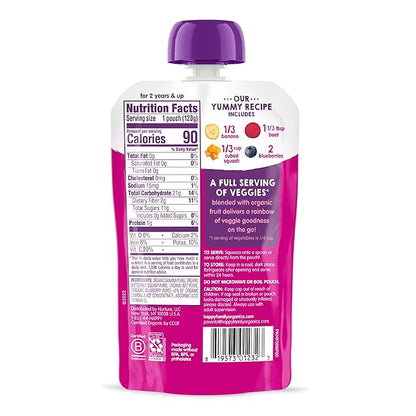 HAPPYTOT Organics Stage 4 Baby Food Pouches, Gluten Free, Vegan Snack, Love My Veggies, Fruit & Veggie Puree, Banana, Beet, Squash & Blueberry, 4.22 Ounce (Pack of 16)