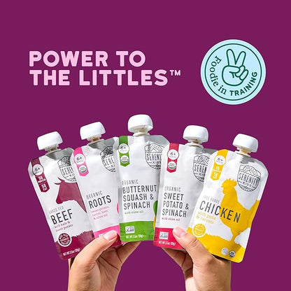 Serenity Kids 6+ Months Baby Food Puree Pouch - 3.5 Oz, 18 Count, Meat & Veggie Mix - Protein-Packed Food Pouches with 5g Protein - No Added Sugar Baby Snacks - Recyclable Containers for Toddler Meals