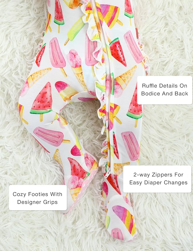 Bamboo Viscose Baby Girl Footie Pajamas, Newborn Sleepers Infant Onesie, 2-Way Zipper Footed Pjs