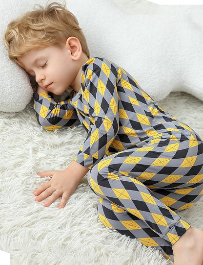 JunNeng Bamboo Viscose Pajamas for Toddler Boys, Baby Kids Diamond Pajamas Snug Fit Long Sleeve Sleeper