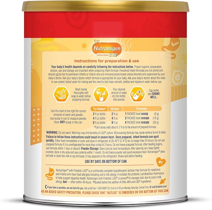 Enfamil Nutramigen Hypoallergenic Baby Formula with Iron, Lactose Free, Colic Relief from Cow's Milk Allergy Starts in 24 Hours, Brain Building DHA, Probiotic LGG for Immune Support, 27.8 Oz Can