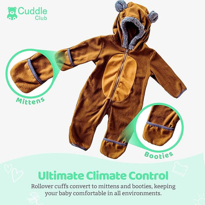 Cuddle Club Fleece Baby Bunting Bodysuit with Hood, Convertible Mittens & Booties, Car Seat Friendly, Soft & Warm, Easy Zip