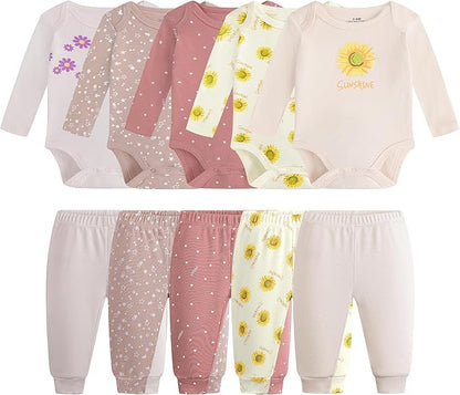 Baby Newborn Layette 10-Piece Clothing Sets Soft Cotton Bodysuits Pants Sets for Baby Boys Girls Toddler Unisex