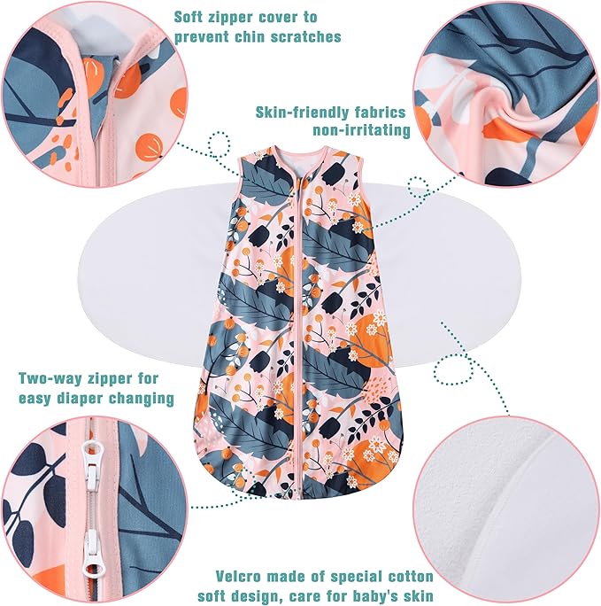 Newborn Sleep Sack Baby Swaddle,3-Way Adjustable Wearable Blanket,100% Rayon Cotton Swaddling Sleeping Bag，TOG 0.5 (Gerbera & Tulips, 6-12 Months)