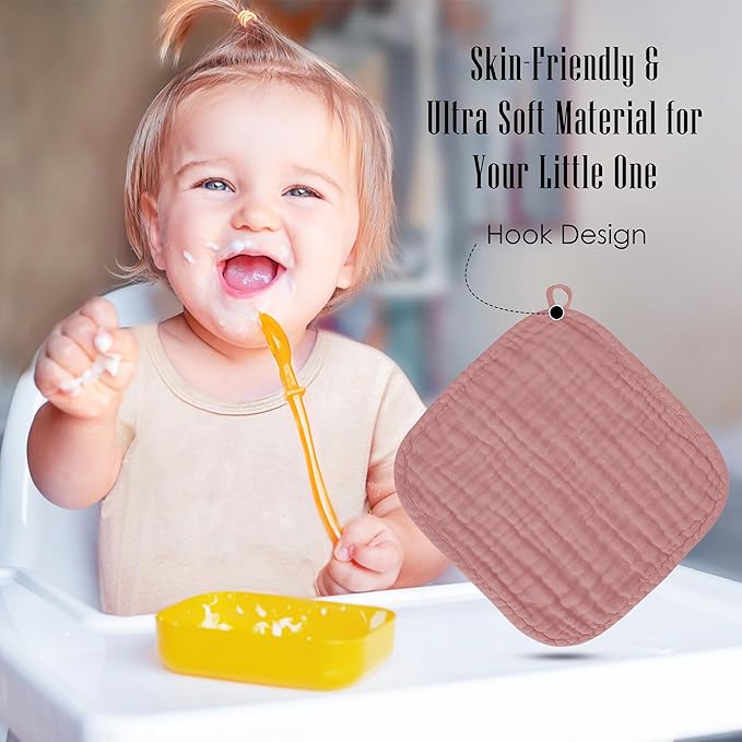 Baby Washcloths -100% Cotton Muslin Soft Baby Bath Wash Cloths and Absorbent Baby Wipes for Newborns Kids Girls and Boys - 12 Pack, 12x12 Inches - Brown, Honey, Bean Paste Series