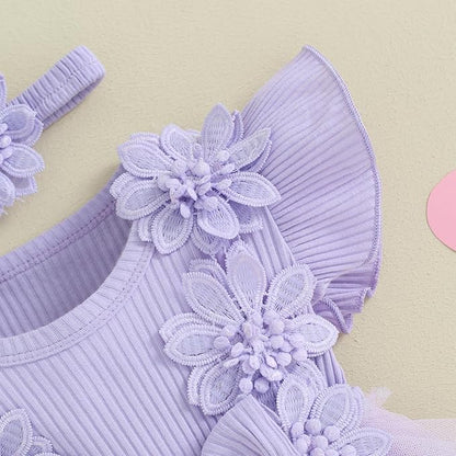 Infant Baby Girl Lace Romper Baby Tulle Dress Romper Flowers Bodysuit Spring Summer Festival Clothes with Headband