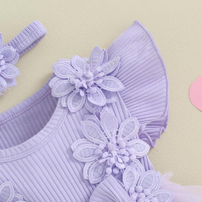 Infant Baby Girl Lace Romper Baby Tulle Dress Romper Flowers Bodysuit Spring Summer Festival Clothes with Headband