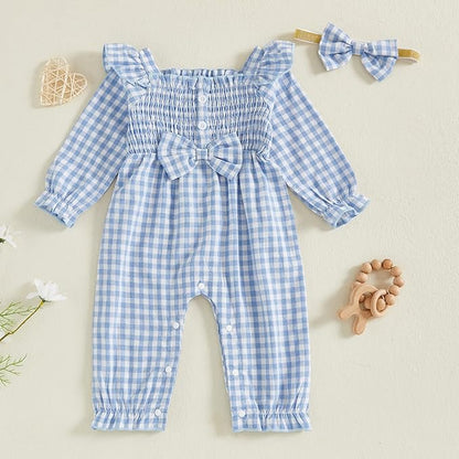 Newborn Infant Smocked Baby Girl Clothes Plaid Bubble Romper Long Leg Bodysuit Bow One-Piece Jumpsuit