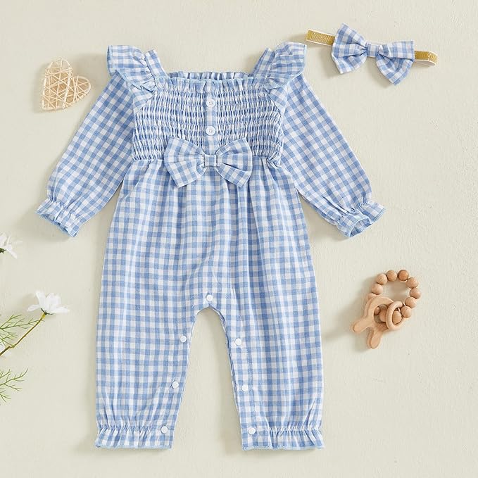 Newborn Infant Smocked Baby Girl Clothes Plaid Bubble Romper Long Leg Bodysuit Bow One-Piece Jumpsuit