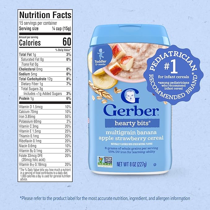 Gerber Toddler Food, Multigrain Banana Apple Strawberry Cereal, 8g Whole Grains, Iron, Zinc & Vitamin B12, Toddler Cereal, 6-Pack