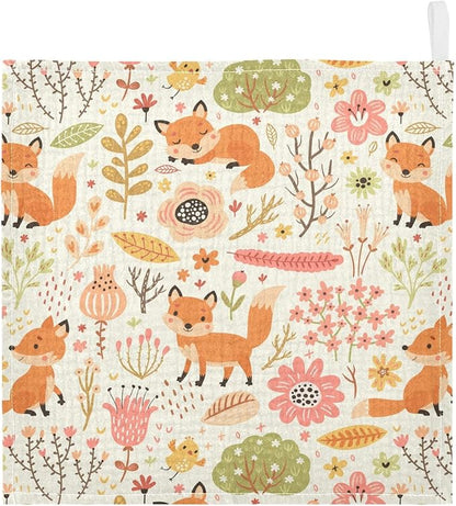 vvfelixl Baby Washcloths Cotton Foxes and Flowers Flesh Colored Baby Muslin Washcloths Soft Baby Face Towel for Newborn Infants Baby Wipes, 11.8 X 11.8 Inch, 5 Pack