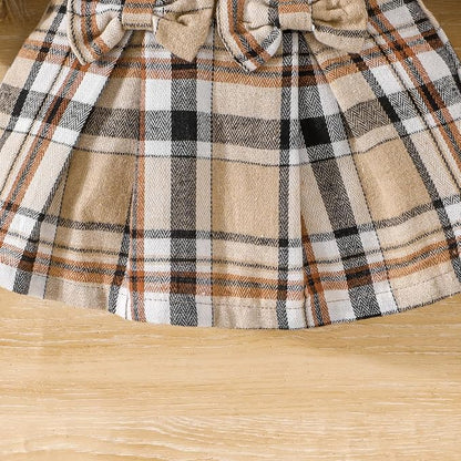 Toddler Baby Girl Plaid Dress Puff Sleeve Bow Patchwork Ribbed Shirts Dress Plaid Fall Winter Outfits with Headband
