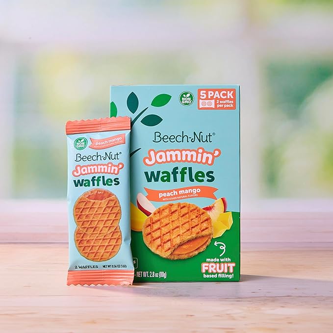 Beech-Nut Toddler Snacks Jammin' Waffles with Fruit Filling for Babies & Toddlers, Peach Mango, 10 Boxes (50 Individually Wrapped Packs)