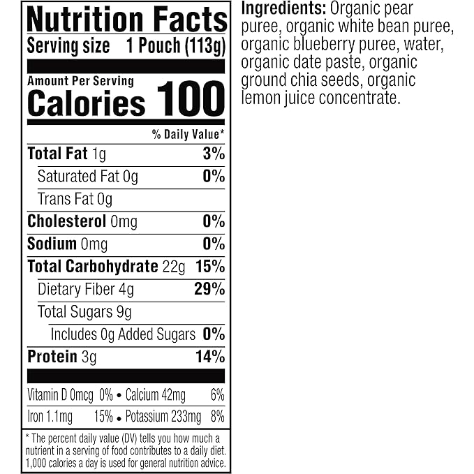 Plum Organics Mighty Builder Organic Toddler Food - Pear, White Bean, Blueberry, Date, and Chia - 4 oz Pouch (Pack of 12) - Organic Fruit and Vegetable Toddler Food Pouch