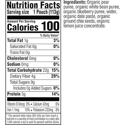 Plum Organics Mighty Builder Organic Toddler Food - Pear, White Bean, Blueberry, Date, and Chia - 4 oz Pouch (Pack of 12) - Organic Fruit and Vegetable Toddler Food Pouch