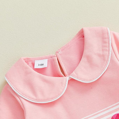 Gaono Newborn Baby Girl Romper Waffle Knit Striped Long Sleeve Doll Collar Heart Bow Jumpsuit Bodysuit Fall Winter Clothes