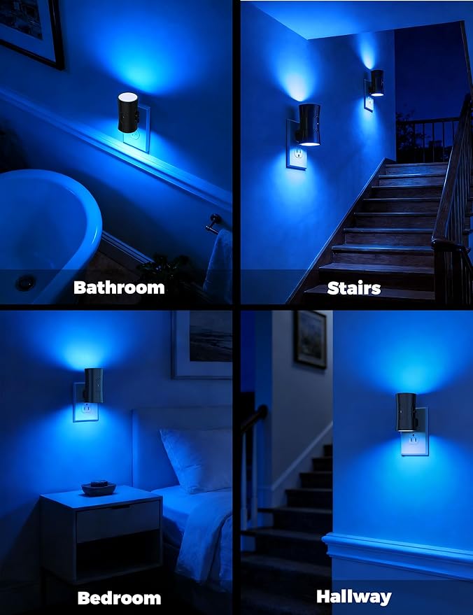 Night Light, 2-Pack Dimmable Plug-in Night Light with Auto On/Off & 90°Rotatable Plug, 0-100LM Adjustable Brightness, 1W Ultra Low Energy for Bedroom, Hallway, Bathroom, Nursery, Kids, Blue