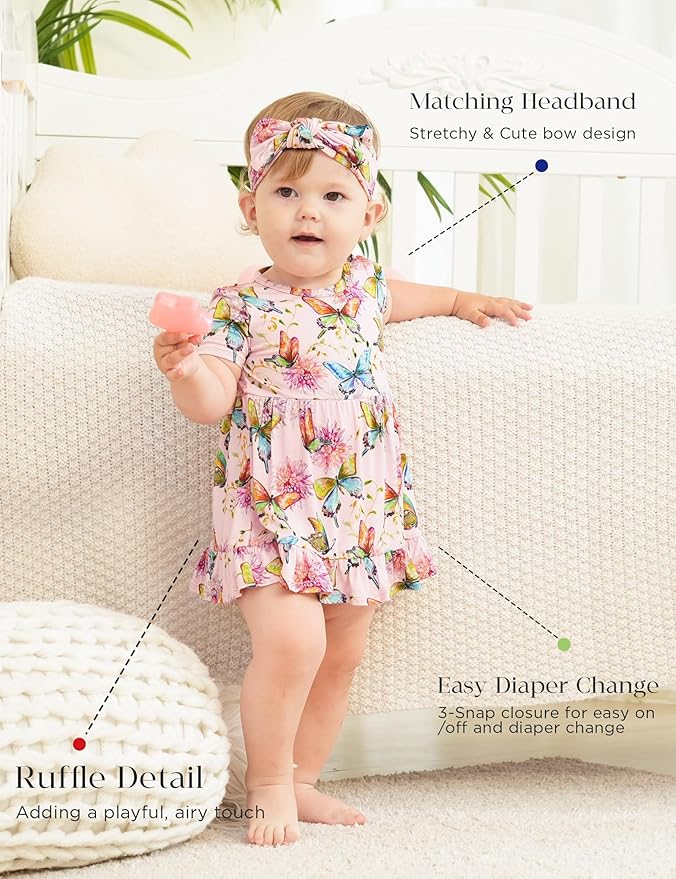 Infant Baby Girl Bodysuit Dress with Hairband Set, Bamboo Viscose Summer Clothes Outfit