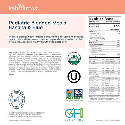 KATE FARMS Organic Pediatric Blended Meal, Bananas and Blueberries, 8g protein, organic whole foods, oral or tube feed nutrition, Gluten Free, Non-GMO, 8.45 oz (12 Pack)