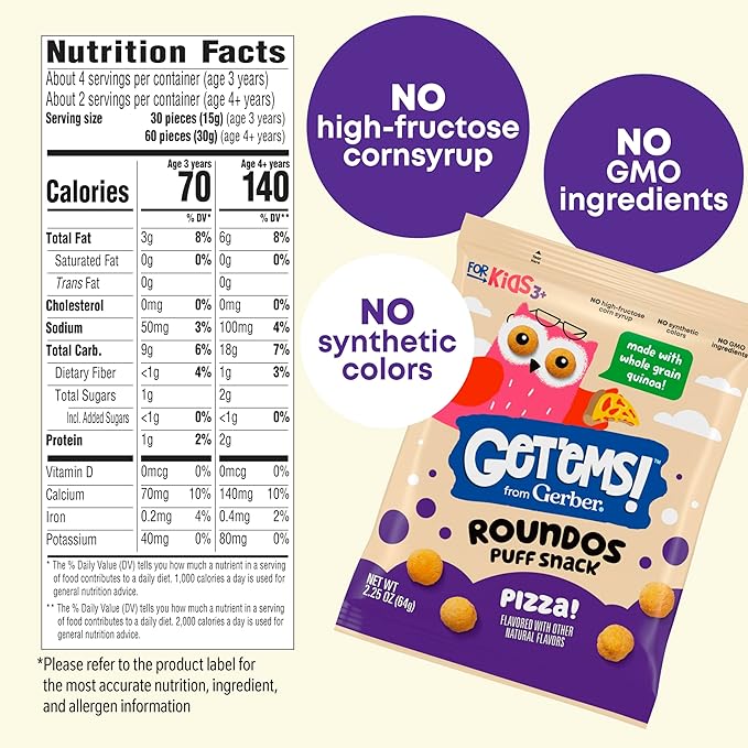 Get'ems! from Gerber, Snacks for Kids, Pizza Roundos Puffs, Made with Whole Grain Quinoa, Calcium to Support Strong Bones - 5 pack