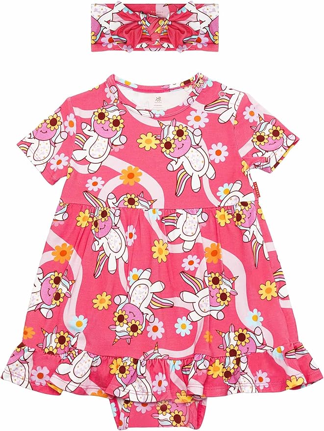 Infant Baby Girl Bodysuit Dress with Hairband Set, Bamboo Viscose Summer Clothes Outfit