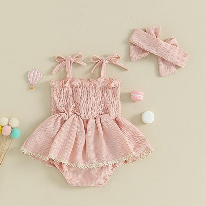 Newborn Baby Girl Bodysuit Sleeveless Halter Frill Romper One-piece Jumpsuit with Headband Summer Clothes Set