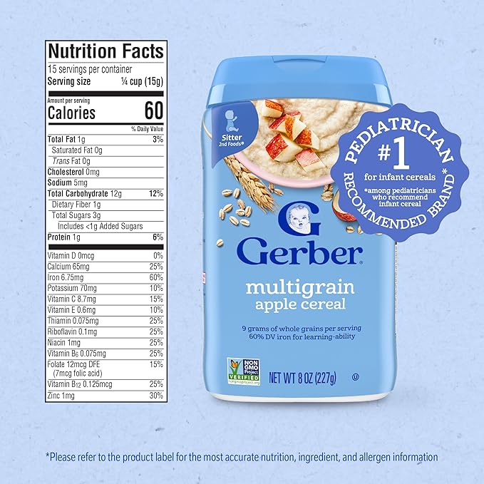 Gerber Stage 2 Baby Food, Multigrain Apple Cereal, Whole Grains, Baby Cereal, 6PK