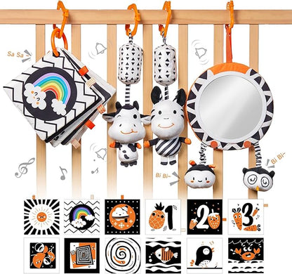 TUMAMA Black and White Baby Toys, High Contrast Tummy Time, Newborn Soft Books Mirror Rattles, Montessori Sensory 0-12 Months, Hanging Infant for Carseat Stroller Play Mat Crib