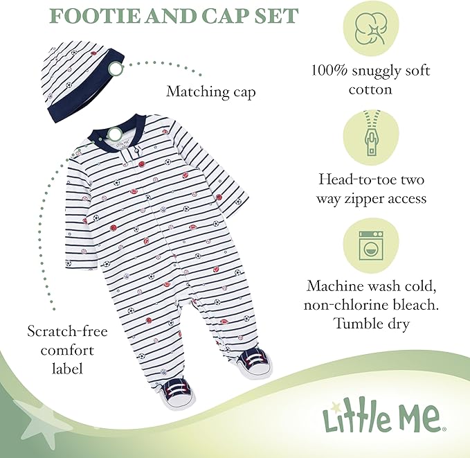 Little Me Clothes for Baby Girls' 100% Cotton Scratch-Free Tag Footie Sleeper, Preemie to 9 Months