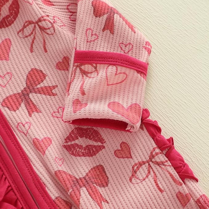 Newborn Baby Girl Valentines Day Outfit Ruffles Bow Footie Long Sleeve Romper Jumpsuit Bodysuit Overalls Fall Clothes