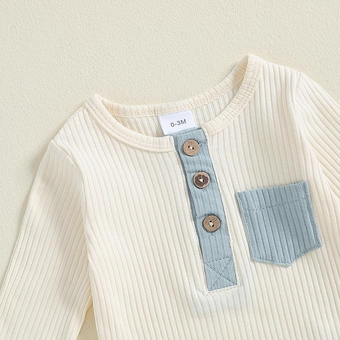 fhutpw Baby Boy Clothes 3 6 12 18 Months Ribbed Knitted Long Sleeve Romper and Pants Sets Newborn Fall Splicing Color Outfits