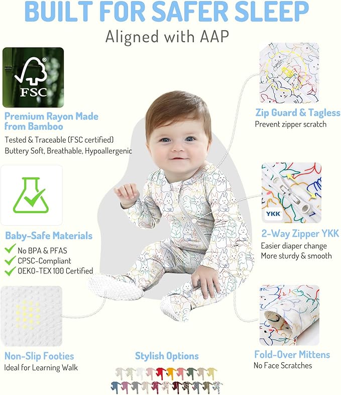 HAPIU Rayon from Bamboo Baby Footed Pajamas, 2 Way Zipper YKK, Footie for Baby Boy Girls, Newborn-24 Months