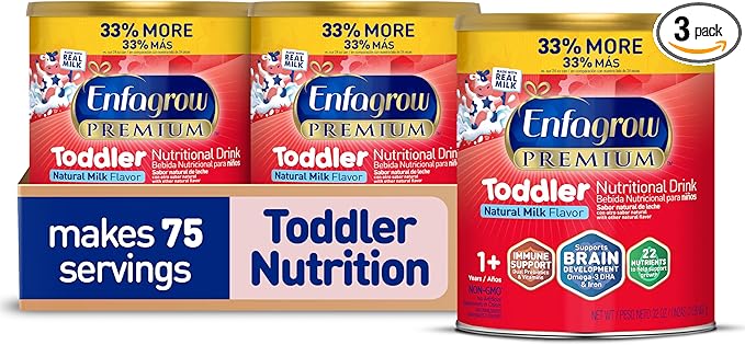 Enfagrow Premium Toddler Nutritional Drink, Made with Real Milk, Brain-Building Omega-3 DHA, Nutrients and Prebiotics for Growth & Immune Support, Non-GMO, Toddler Milk Powder, 32 Oz Can (Pack of 3)
