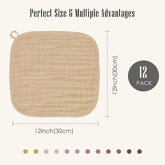 Baby Washcloths -100% Cotton Muslin Soft Baby Bath Wash Cloths and Absorbent Baby Wipes for Newborns Kids Girls and Boys - 12 Pack, 12x12 Inches - Brown, Honey, Bean Paste Series