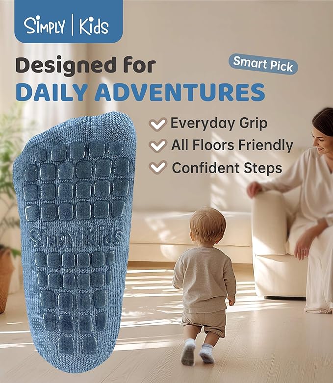 Baby Mid-Crew Socks with Grips (9 Pairs) for 0-7 Years Old Toddler Boy Girl Kids