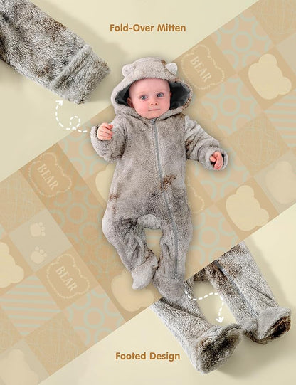 Jimonda Baby Tie Dye Snowsuit Winter Fleece Jumpsuit 0-18 Months, 100% Polyester Hooded Romper with Bear Ears for Infant
